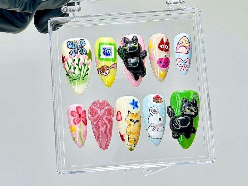 3D Kawaii キャット ネイルチップ｜パステル Cartoon ネイルチップ｜Cartoon キャット バニー ネイルアート｜3D かわいい Animal Kawaii ネイル｜パステル ネイル｜HB939YC