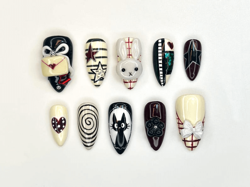 Creepy かわいい ネイルチップ｜ゴシック Mask And バニー ネイルアート｜3Dリボン & Spiral ネイル｜ハンドメイド ハロウィン ネイルセット｜HC1157BC
