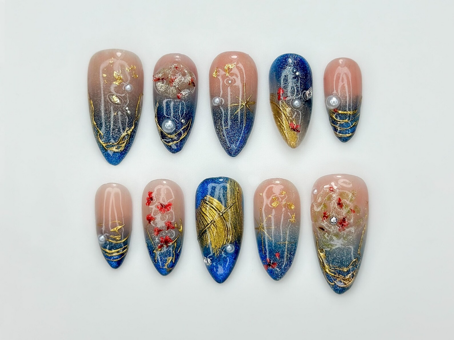 上品 Navy ゴールド ネイルチップ, Mystic Galaxy フラワー ネイル, Reusable スティレット Nail with ゴールド Filigree and Shimmering 夜空 Art, JB307HC