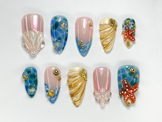 夏 Beach Vibe ネイルチップ｜ハンドメイド Shell and スターfish ネイル｜上品 シー・風 ネイルセット｜Beach 夏 Vibes｜JC757H