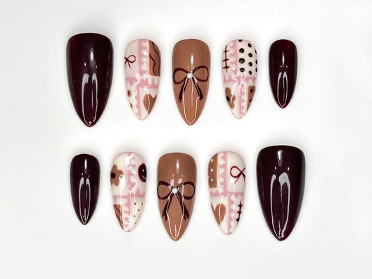 Chocolate 秋 ネイルチップ｜Sweet Treats・風 ネイルアート｜やさしい印象の ピンク & ブラウン ハンドメイド Design｜ハンドメイド ユニーク ネイルセット｜JB182HC