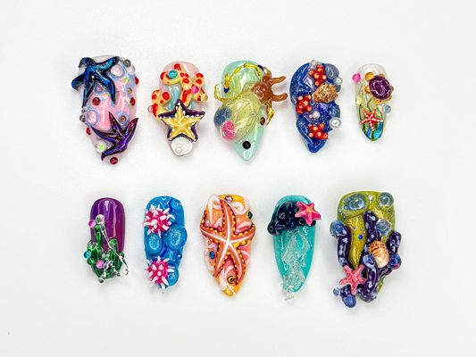 3D スターfish Coral ネイルチップ｜ディープシー Ocean ネイルチップ｜Mermaid Jellyfish Underwater ネイルアート｜ハンドメイド 夏 Beach Nail｜JA922HC