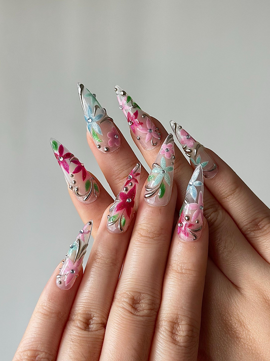 春 Glass フラワー ネイルチップ｜Hand Painted フラワー ネイル｜パステル スティレット ネイル｜上品 フラワー ネイルアート｜上品 ネイルチップ｜HB1278HC