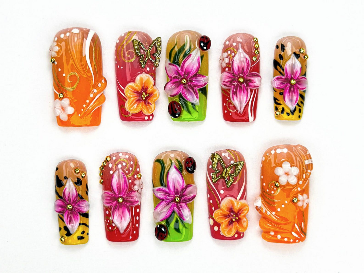 Tropical フラワー ネイルチップ｜3D Tropical フラワー ネイルアート｜鮮やか てんとう虫 Design ネイルチップ｜華やか Tropical Kawaii ネイル｜JB893HC