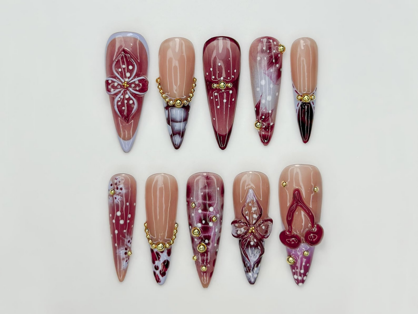 Burgundy Baroque ネイルチップ｜上品 チェリー レッド ネイル｜ゴールド Accent ネイル｜上品 Marble ネイル｜ハンドメイド Glam ネイルチップ｜JC316HC