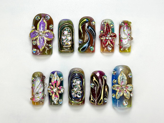 Dramatic クリスタル ネイルチップ｜Sparkling ハンドメイド ネイルアート｜Jewel & クリスタル ネイルセット｜ユニーク ハンドメイド Nail｜上品 ネイルチップ｜JB691HC