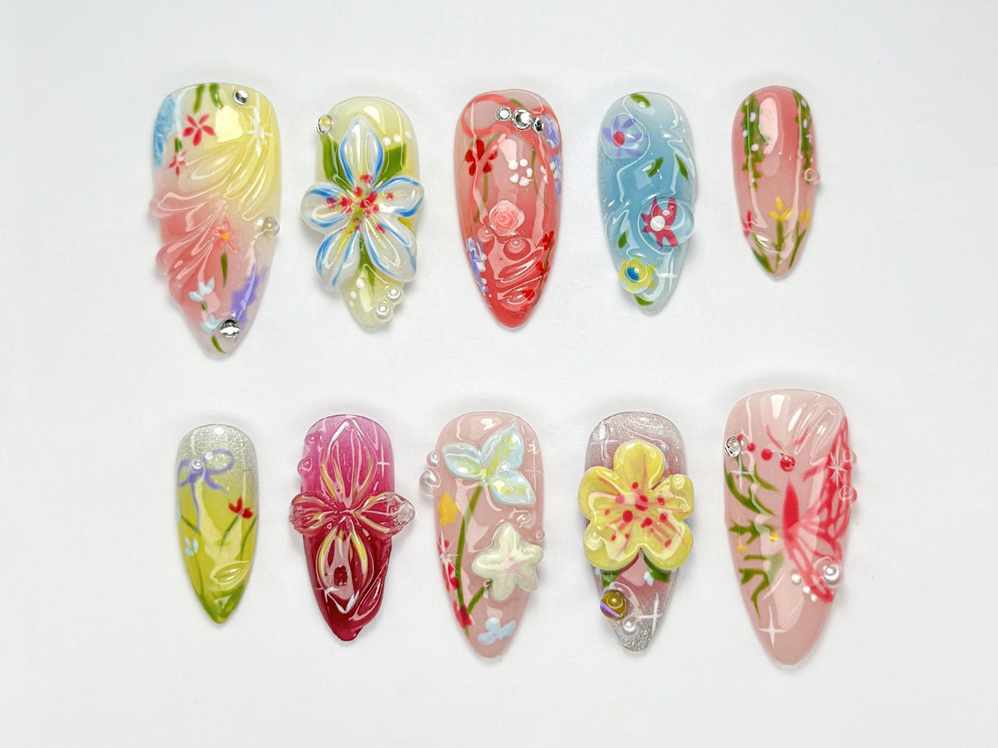 春 Garden Bloom ネイルチップ｜Colorful フラワー 3D ネイルアート｜やさしい印象の パステル ネイルチップ｜ハンドメイド 上品 Set for 春 & 夏｜JB751HK