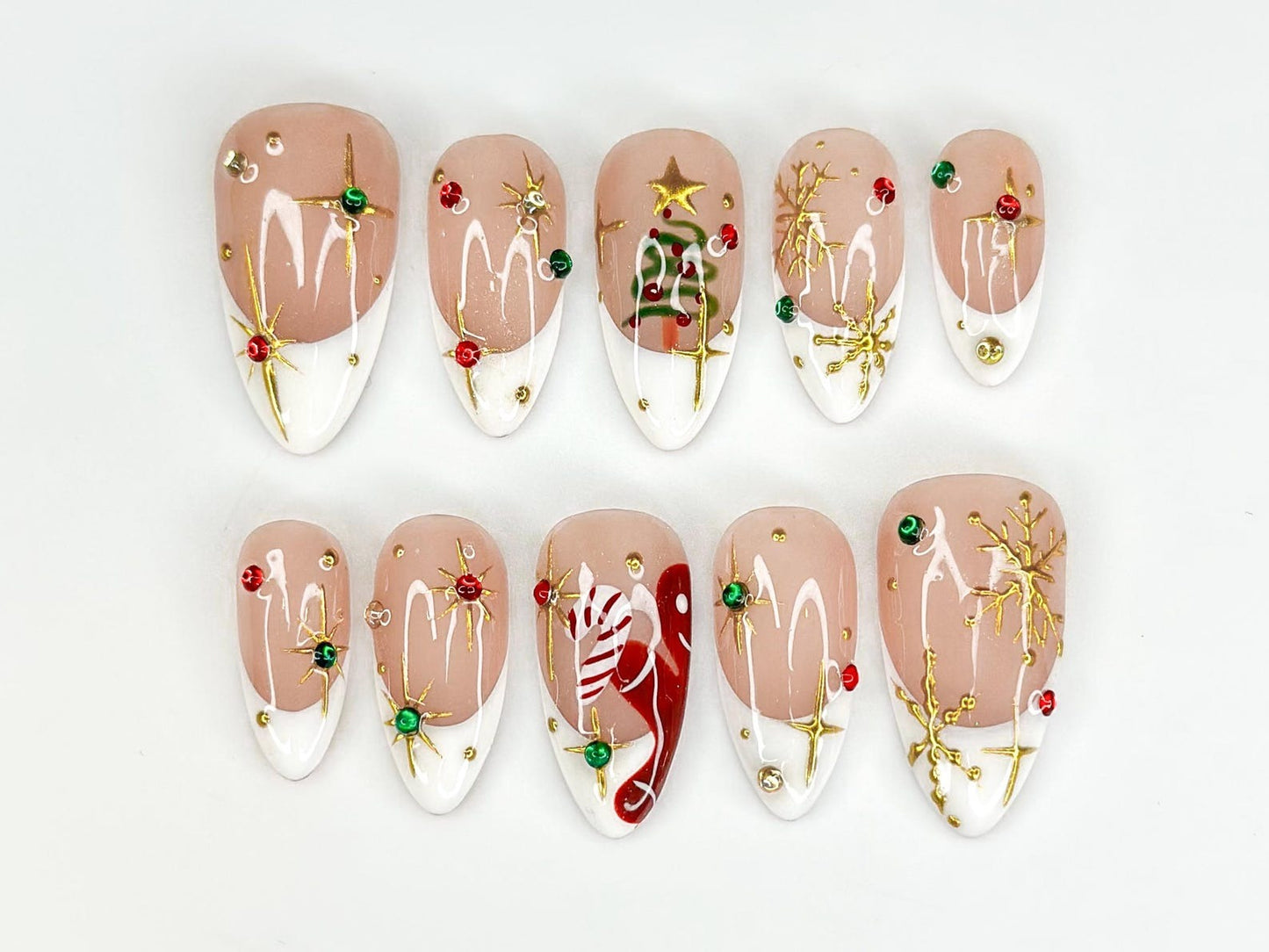 ホワイト French クリスマス ネイルチップ｜レッド グリーン ゴールド ホリデー ネイルチップ｜クリスマス Tree & Candy Cane ネイル｜上品 冬 Nail｜JB223HC