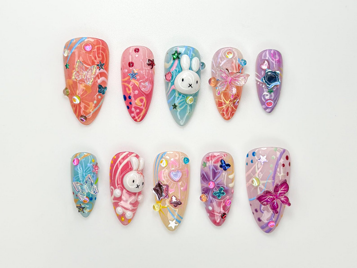 Kawaii バニー ネイルチップ｜3D かわいい ラビット & スター ネイル｜Rainリボン パステル Swirl ネイルアート｜ハンドメイド Kawaii Nail｜Fun ハンドメイド Nail｜JB982HC