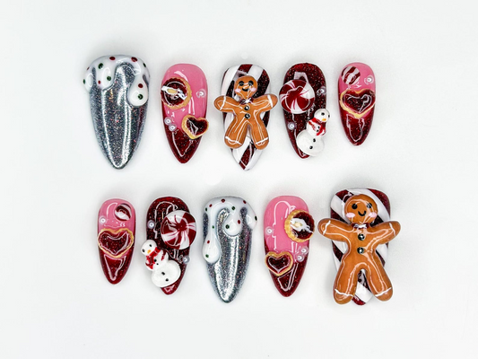 Gingerbread レッド クリスマス ネイルチップ｜3D クリスマス Cookie Nail｜Peppermint & スノーマン ホリデー ネイル｜レッド グリッター Festive ネイル｜JB216HC