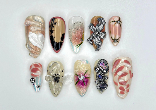 Abstract Blossom Art ネイルチップ｜Mixed Media 3D Nail Sculpture｜ハンドメイド アーティスティック Nail Tips｜メタリック フラワー Fantasy Set｜JB956EC