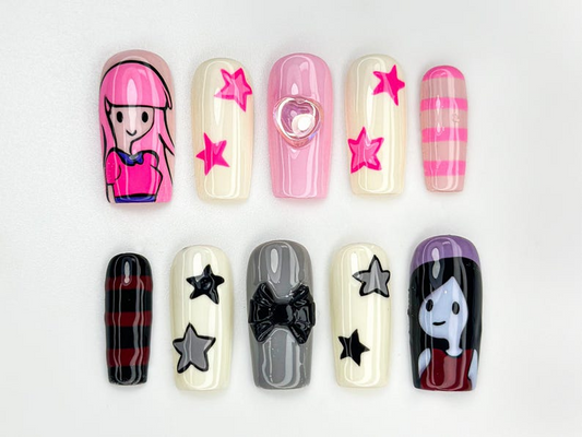 Adventure Time ネイルチップ｜Princess Bubblegum And Marceline ネイル｜かわいい & Edgy ハンドメイド ネイル｜Cartoon 風 ネイルチップ｜JB872HC