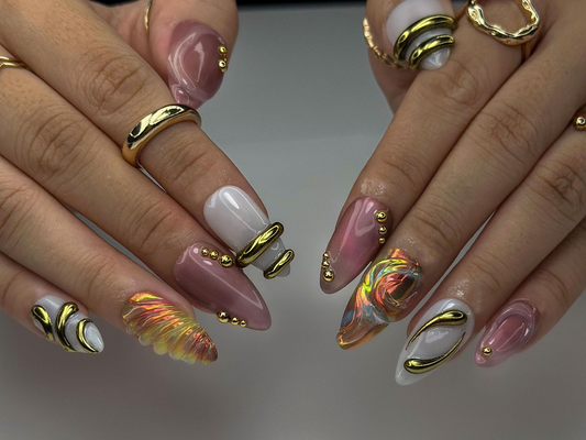 Aurora ゴールド Swirl ネイルチップ｜Holographic Iridescent Shell ネイル｜3D ゴールド クローム Accent Tips｜アーモンド Shape アーティスティック ネイル｜HC1007EC