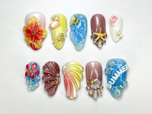 夏 Tropical ネイルチップ｜Beach Vibes ネイルアート｜3D スターfish & Shell ネイル｜ハンドメイド 3D 夏 ネイル｜Beachy Nail｜JB699HC