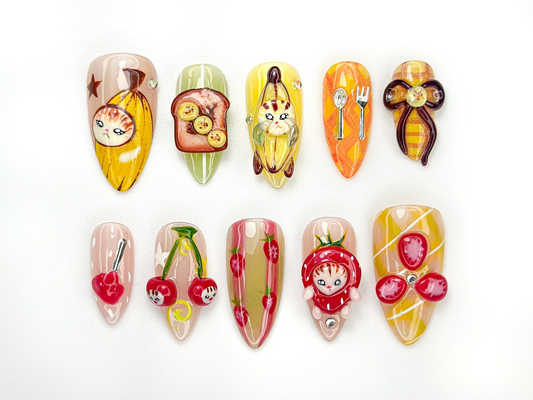 Banana キャット ネイルチップ｜かわいい Fruit ネイルアート｜3D Food ネイル｜Kawaii ハンドメイド ネイルチップ｜Quirky Character Nail Design｜JB909HC