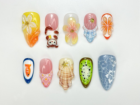 Combo 夏 Vibes ネイルチップ｜3D Tropical Fruit ネイルアート｜ハンドメイド Kiwi, Watermelon & Citrus ネイル｜Beach Vaキャットion ネイルセット