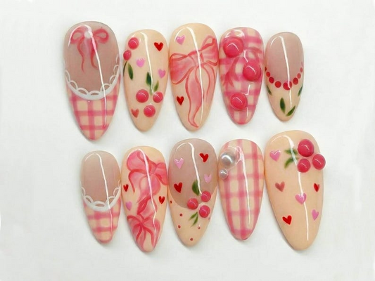 ネイルチップ Adhesive Tabs – チェリー ハート & ピンク Ribbon ヌーディー ネイルチップ, ハンドメイド バレンタイン ネイルチップ Sweet ロマンティック ネイルアート