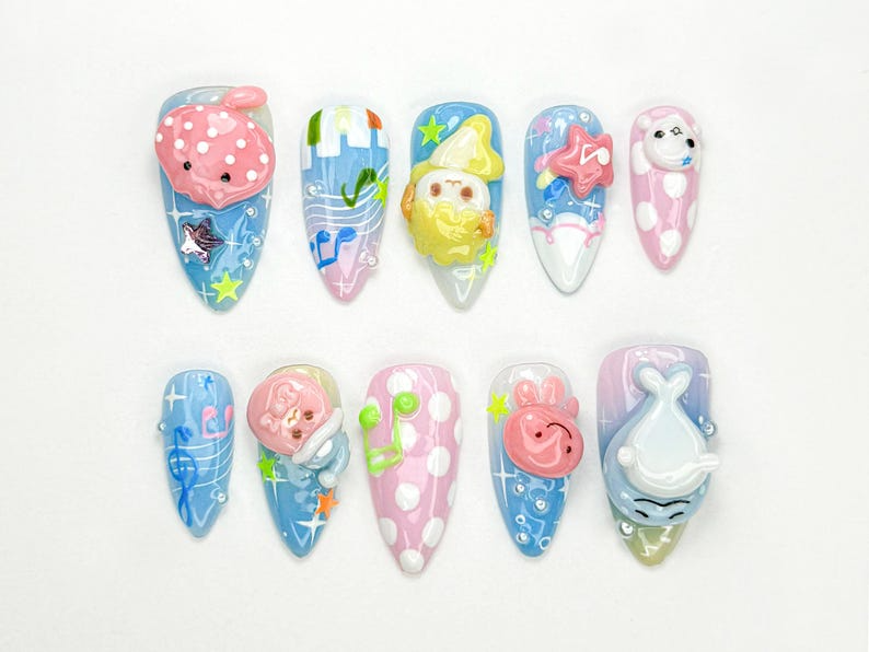 Kawaii 夏 ネイルチップ｜3D パステル Marine Animals｜Kawaii シー ネイルアート｜Cartoon Seal Whale Jellyfish ネイル｜夏 ネイル｜JB890HC