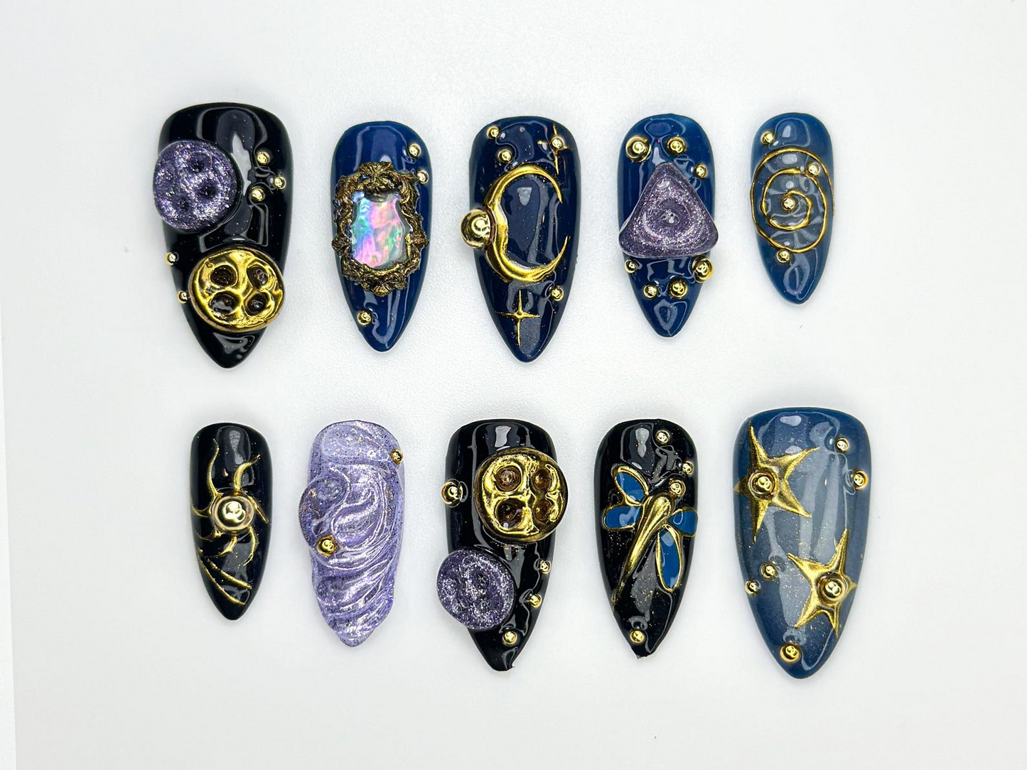 Cosmic Galaxy ネイルチップ｜Celestial ムーン スター ネイルアート｜Dark ブルー & ゴールド Mystical ネイル｜Opal Constellation Nail Design｜JC860H
