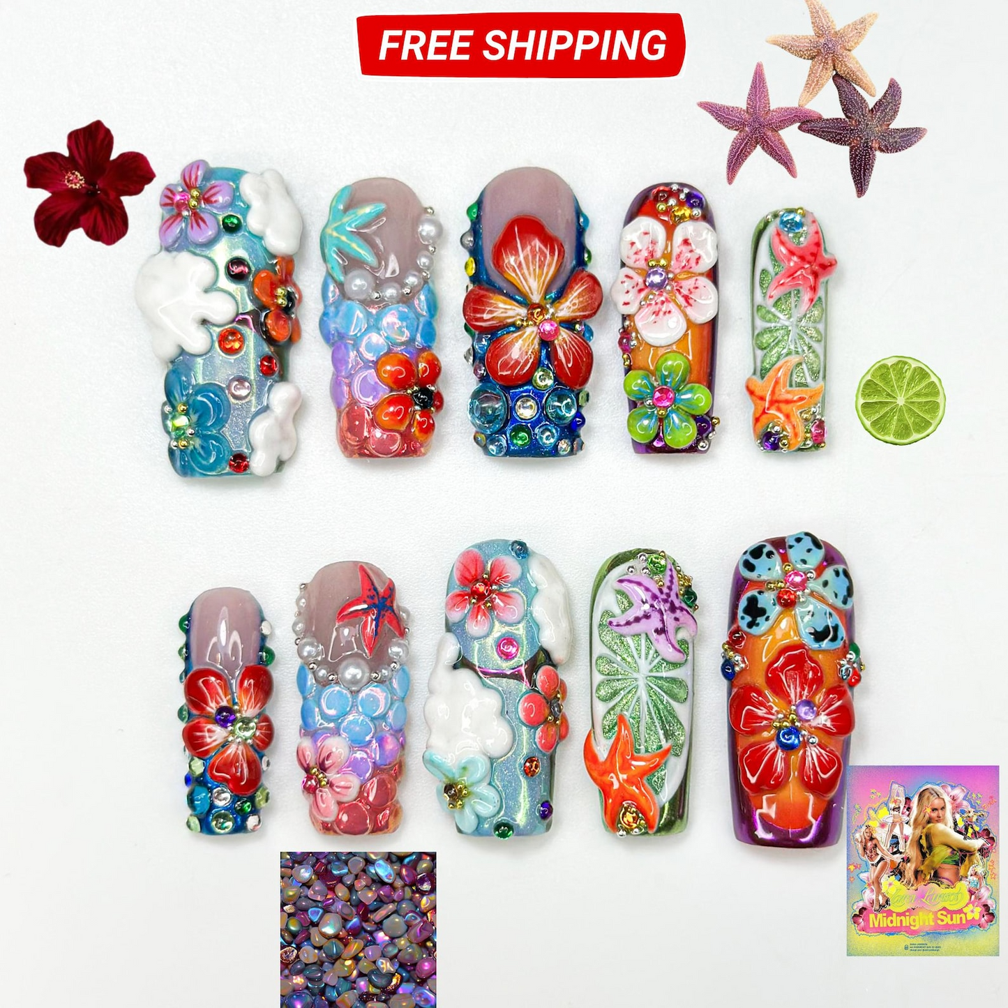 Midnight Sun ネイルチップ for Festival｜Colorful 3D フラワー ネイル｜Festival Nail｜Tropical 夏 上品 ネイル｜アーティスティック ネイル｜JA300HC
