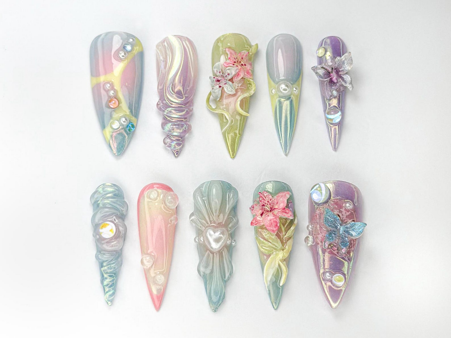 Fairycore パステル ネイルチップ｜パステル ナチュラル・風 Nail｜ドリーミー Iridescent Design｜バタフライ 3D ネイルアート｜ナチュラル・風｜JB730HK