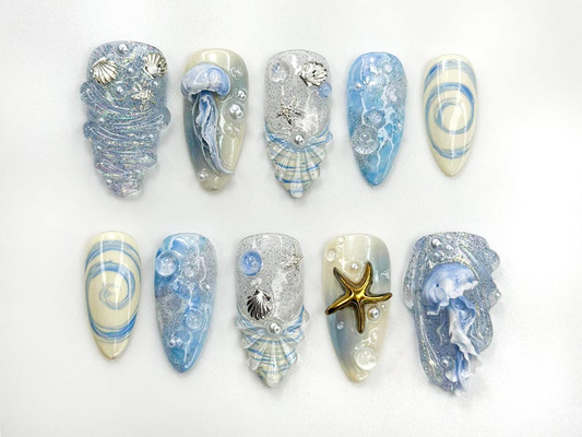 Ocean Dream Jellyfish ネイルチップ｜ブルー シー Fantasy ネイルアート Set｜3D Shell & スターfish ネイル｜ハンドメイド Oceanic Nail Design｜JB782HC