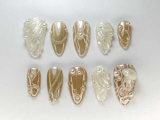 3D パール Jellyfish ネイルチップ｜Ocean・風 パール ネイルセット｜上品 ヌーディー & パール ネイルアート｜きれいめ Ocean Nail｜Ocean Theme｜JB721HC