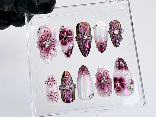 Burgundy 3D フラワー ネイルチップ｜Glossy ピンク グラデーション ネイルチップ｜Holographic フラワー ネイルアート｜上品 ネイル｜Ready to Ship｜HC828YK
