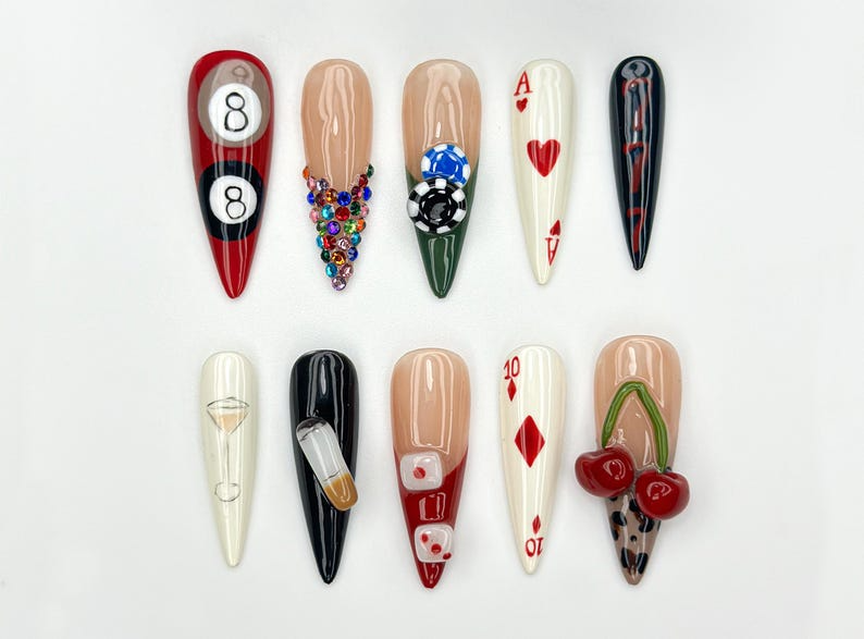 Casino Game Theme ネイルチップ｜3D Poker Dice & Martini ネイル｜Vegas Party ネイルチップ｜華やか ハンドメイド Nail｜Vegas Nightlife Nail｜JB960H