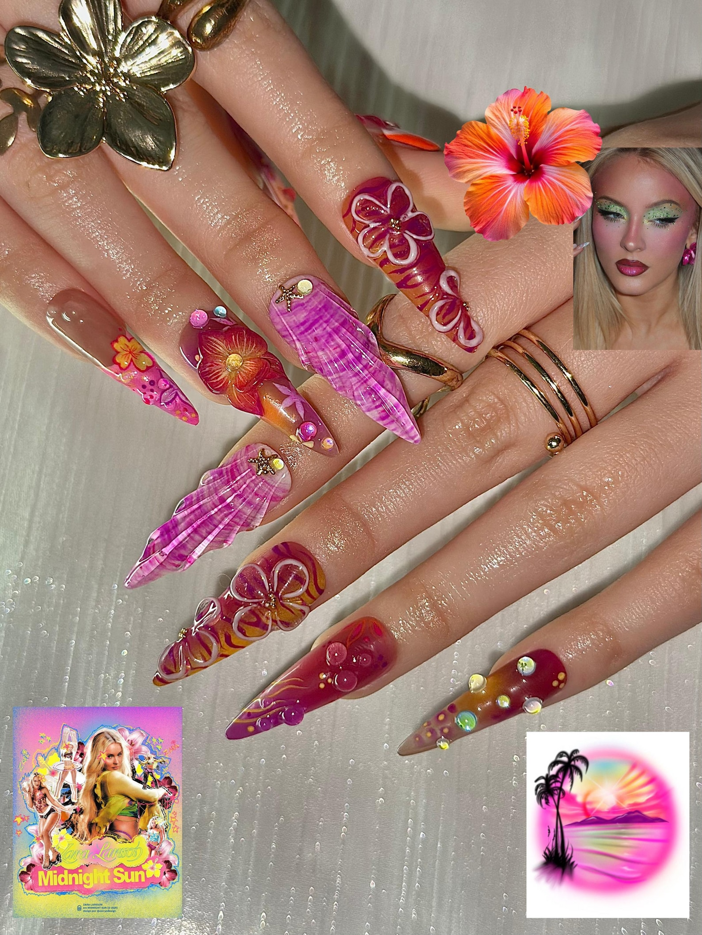 Midnight Sun Aesthetic ネイルチップ, 3D パープル Seashell and Hibiscus フラワー ネイル, Maximalist Tropical Y2K 上品 ネイルチップ, HB1287HK