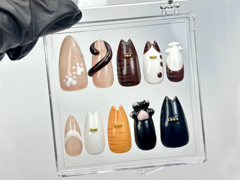 かわいい キャット ネイルチップ｜3D Kitty Paw & Tail ネイルアート｜Adorable Cartoon Animal ネイル｜Playful ハンドメイド キャット ネイルセット｜HC1006EC