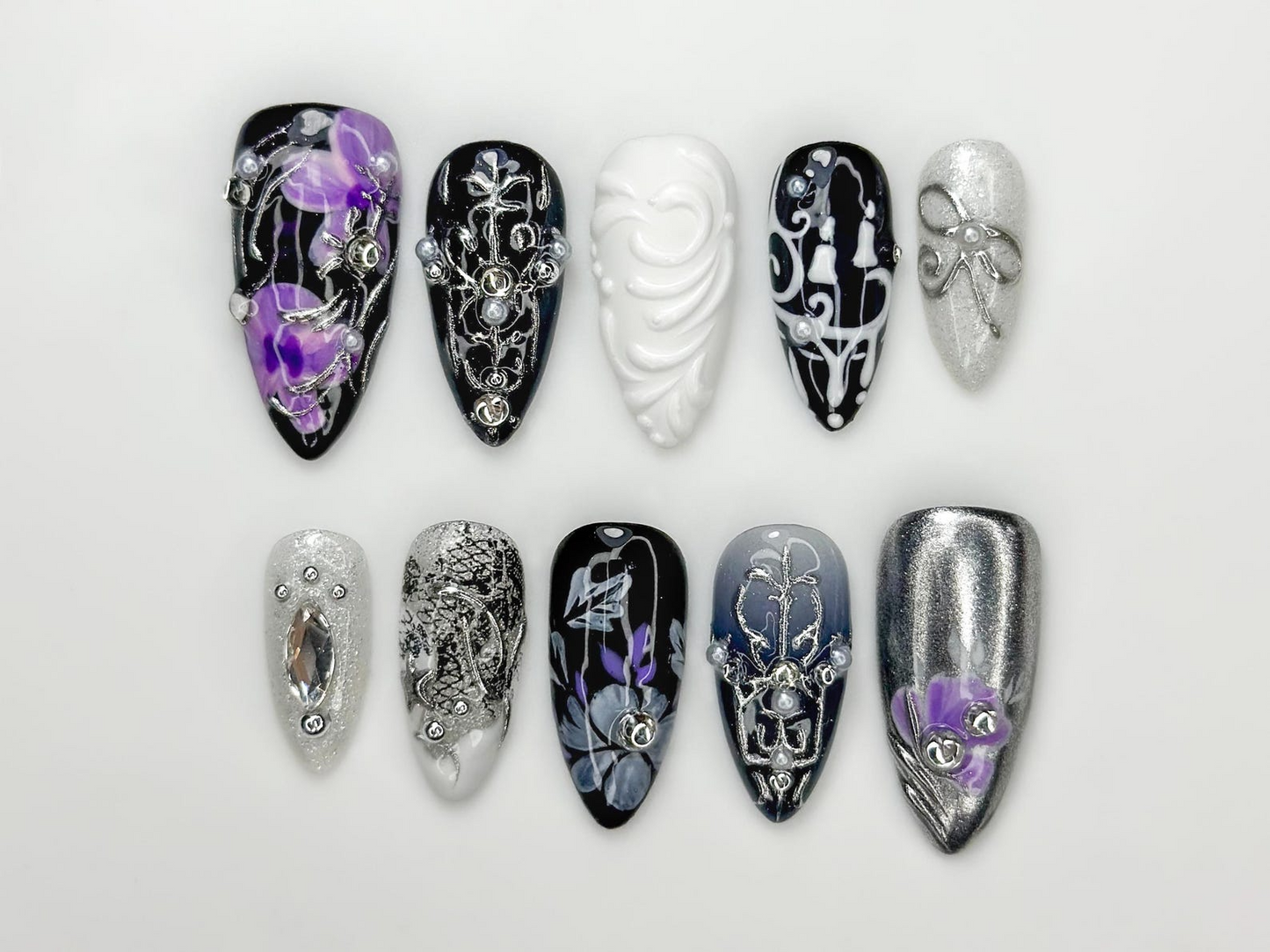 ゴシック Violet クローム ネイルチップ｜ブラック シルバー 上品 ネイル｜3D Baroque フラワー ネイル｜Dark 上品 ネイル｜JC310HC