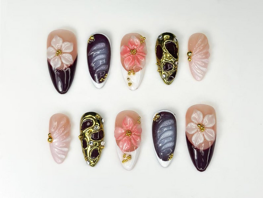 Burgundy 秋 ネイルチップ｜3D ピンク & ホワイト フラワー ネイルアート｜ハンドメイド Statement Nail Design｜上品 Glam ネイルチップ｜HC1086HK