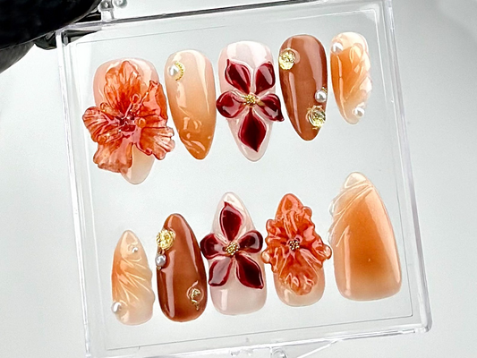 上品 秋 フラワー ネイルチップ｜ゴールド オレンジ フラワー ネイルアート｜秋 Bloom ネイルチップ｜洗練された 3D 秋 Nail Polish｜華やか｜HC677YC