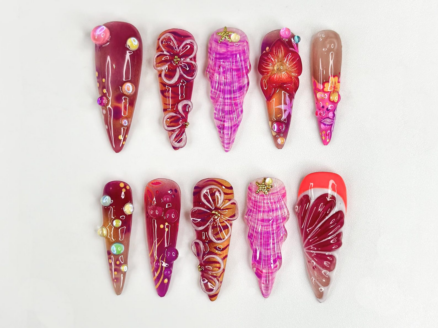 Midnight Sun Aesthetic ネイルチップ, 3D パープル Seashell and Hibiscus フラワー ネイル, Maximalist Tropical Y2K 上品 ネイルチップ, HB1287HK