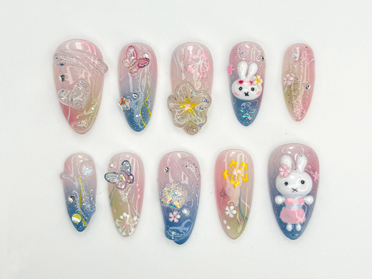 3Dバニー パステル ネイルチップ｜3D ラビット & バタフライ ネイルアート｜Sparkly かわいい フラワー ネイル｜オンブレ ピンク ブルー ネイルチップ｜JC851HC