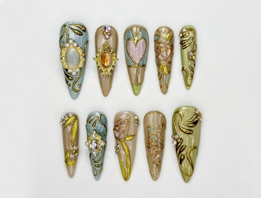 Baroque ステンドグラス ネイルチップ｜Vintage 上品 ハート ネイル｜ハンドメイド Victorian Aesthetic ネイル｜ハンドメイド スティレット ネイルチップ｜JB311HC