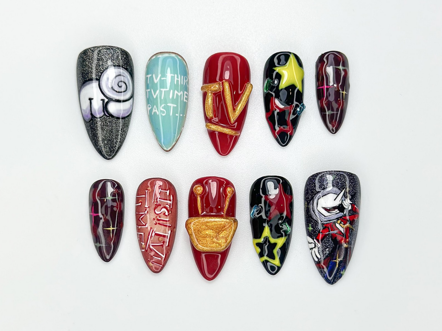 Tenna Deltarune ネイルチップ｜TV Show Nail Design｜Abstract Comic ネイルアート｜Funky Character ネイルチップ｜3D Statement ネイルセット｜JB975HC