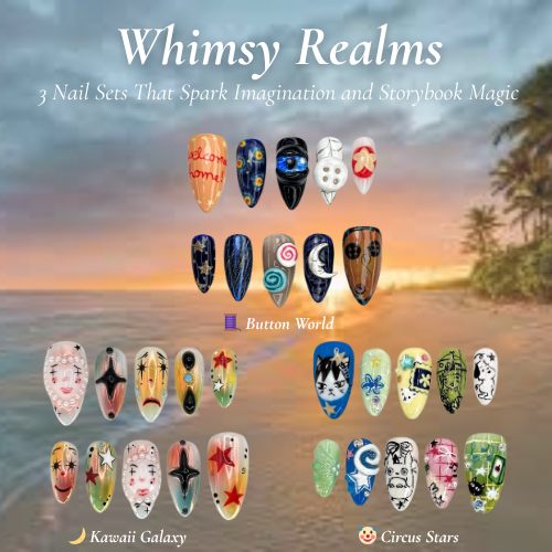 Whimsy Realms Nail Bundle｜3 Fantasy Press On ネイルセットs｜Button World, Kawaii & Circus Styles｜DB101L