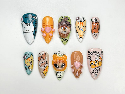 遊び心のある Cartoon Kitty ネイルチップ｜3Dキャット Paw & Animal Faces｜かわいい Cartoon Pet ネイルチップ｜ハンドメイド Kawaii ネイルセット｜JB953H