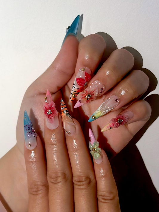 春 Blossom Fantasy ネイルチップ｜Colorful フラワー 春 ネイル｜パステル Garden スティレット ネイル｜Fresh 春 Bloom Art ネイル｜DB1011EC