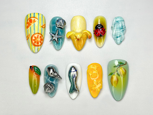夏 Vibes ネイルチップ｜Tropical 夏 ネイルアート｜Marine・風 ネイルセット｜ハンドメイド Lemon & オレンジ ネイルセット｜JB695HK