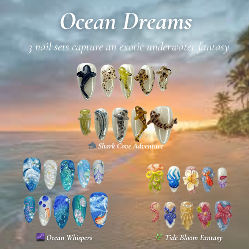 Ocean Dreams Nail Bundle｜3 シー・風 Press On ネイルセットs｜Mermaid, Coral & Shark Vibes｜DB100L