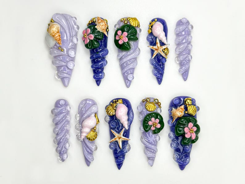 Mermaid Shell Spiral ネイルチップ｜Ocean・風 3D ネイルアート｜Seashell スターfish Lilac ネイル｜Fairycore Beach ネイルセット｜JB861H