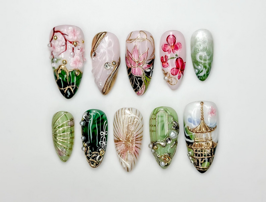 Asian 風 上品 ネイルチップ｜Jade グリーン ゴールド フラワー ネイル｜Handpainted Pagoda ネイルアート｜上品 Statement ネイルチップ｜JB309HC