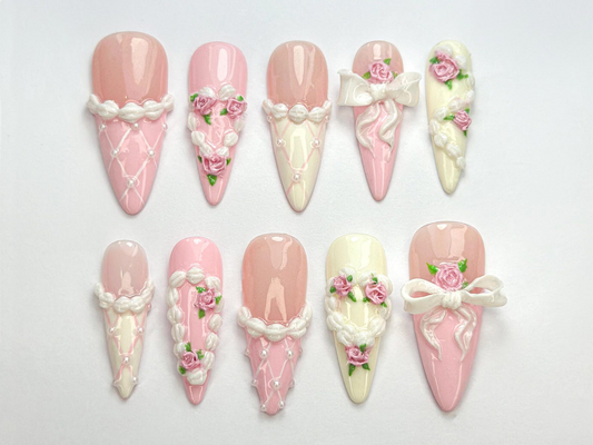 Coquette ピンク Ribbon ネイルチップ｜3D チーク Vintage ネイルセット｜ロング French Ribbon ネイル｜ロマンティック ピンク ネイルチップ｜JB760HC