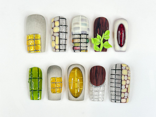 Abstract Texture ネイルチップ, Mixed Media Artisan ネイル with 3D Foliage, ハンドメイド ビジュー and Mosaic Tile Reusable ネイル, JB306HC