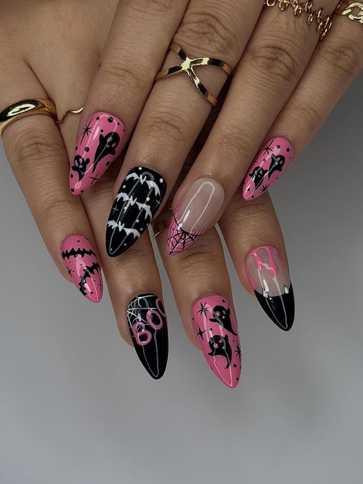 ピンク Spooky ゴースト ネイルチップ｜かわいい ハロウィン ネイルアート｜ブラック & ピンク スパイダーウェブ Nail｜ガーリー ゴシック ネイルチップ｜Creepy かわいい Nail｜JC144HC