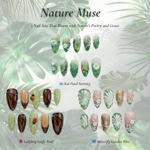 ナチュラル Muse Nail Bundle｜3 ナチュラル・風 Press On ネイルセットs｜Leaf, バタフライ & フラワー Art｜Reusable Nail キット｜DB103L