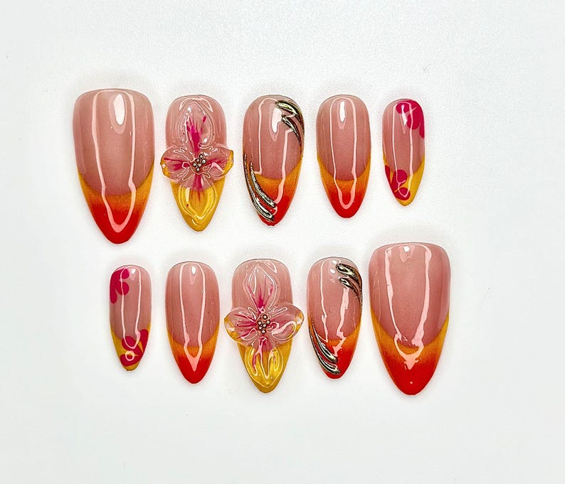 フラワー ネイルチップ｜ハンドメイド 3D フラワー ネイルアート｜夏 グラデーション Nail Tips｜オンブレ Sunset Colors｜カスタム ネイル｜JC905E